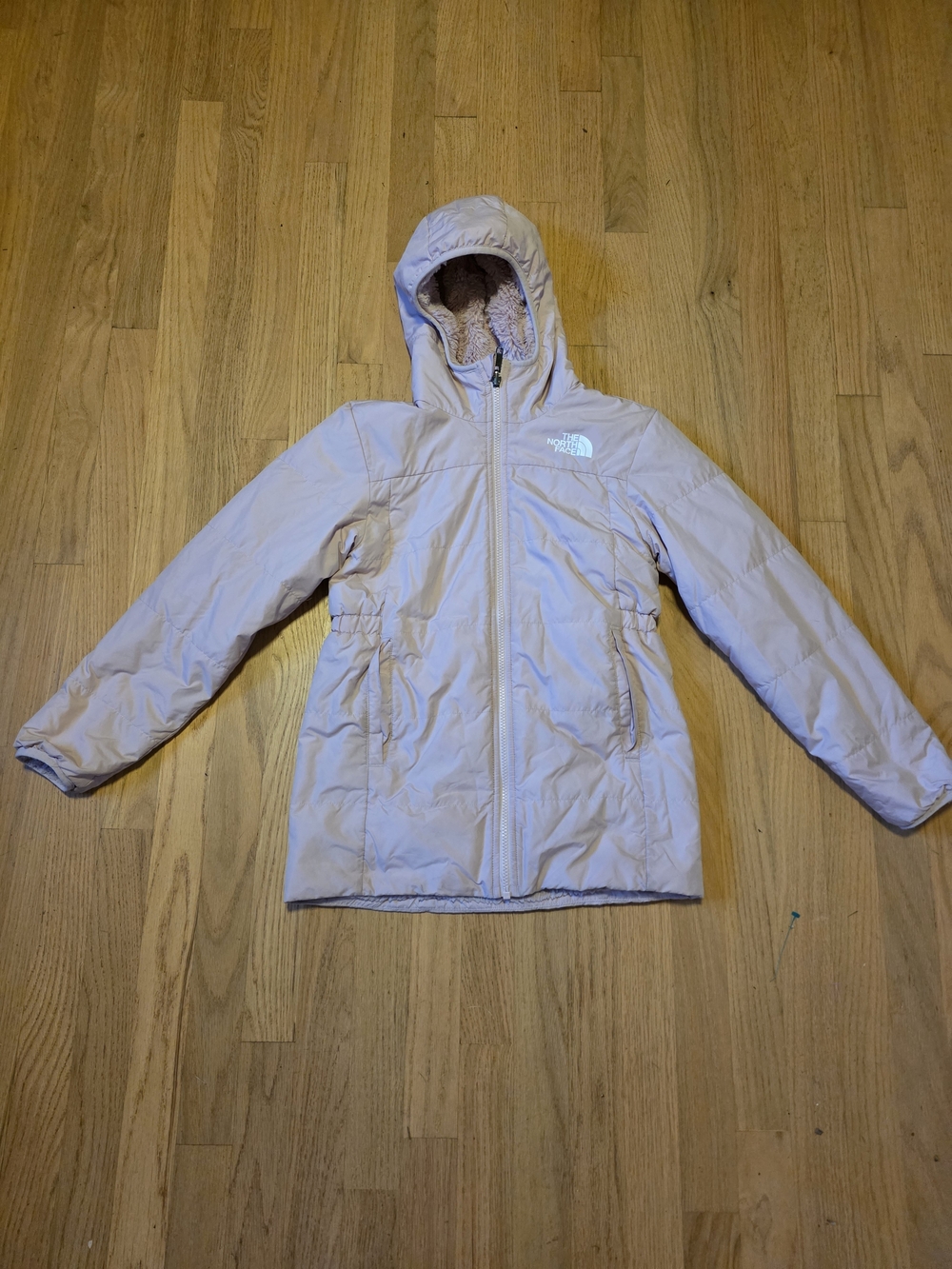 The North Face Girls' Light Pink Hooded Reversible Puffer Jacket Size L